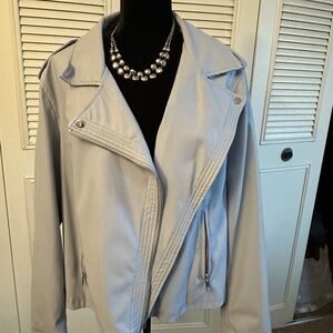 Light blue plus size Faux leathered bomber jacket